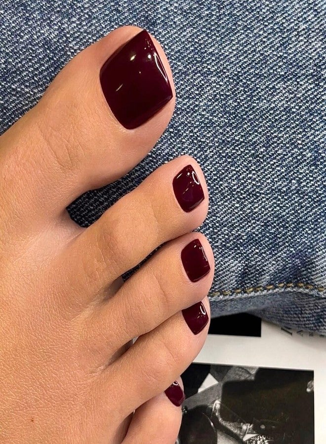 KQueenest Burgundy Red Toe Press on Nails Short Square, Glossy Pure Soft Gel Fake Toe Nails Press on, Natural Fit Glue on Toe nails for Women, Reusable Toe Acrylic Nails for Summer Decoration 24 Pcs - Image 1